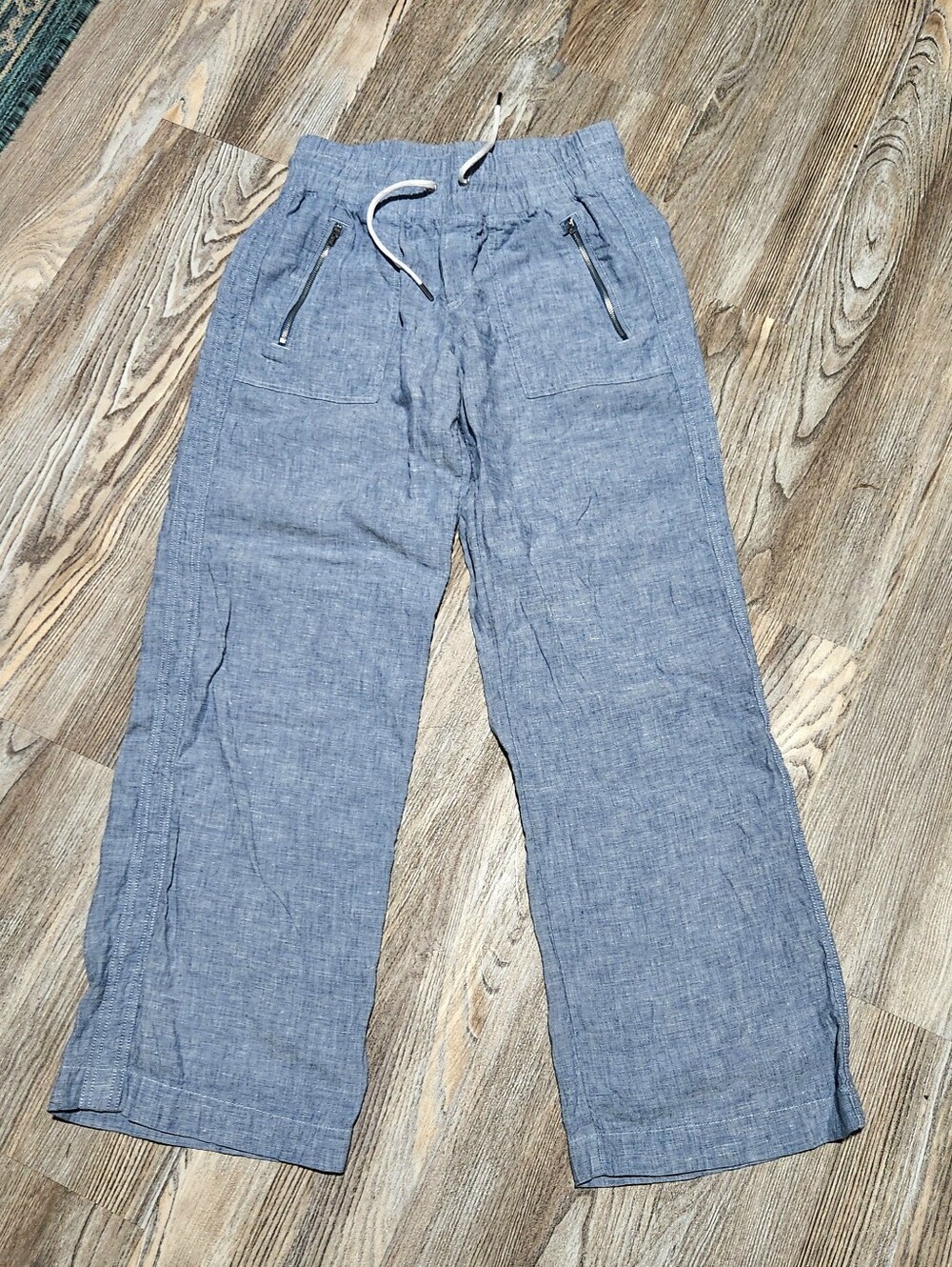 Athleta Linen Chambray Cabo Wide Leg Pant 6 Relaxed Vacation Boho Casual Blue
